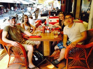 Grabbing lunch at a Mexican/Khmer/Thai fusion restaurant. It was delicious!!!! Plus, we were starving so it tasted extra amazing!!! ;) from the front left: Eli, Emily, Me, Eunjin.